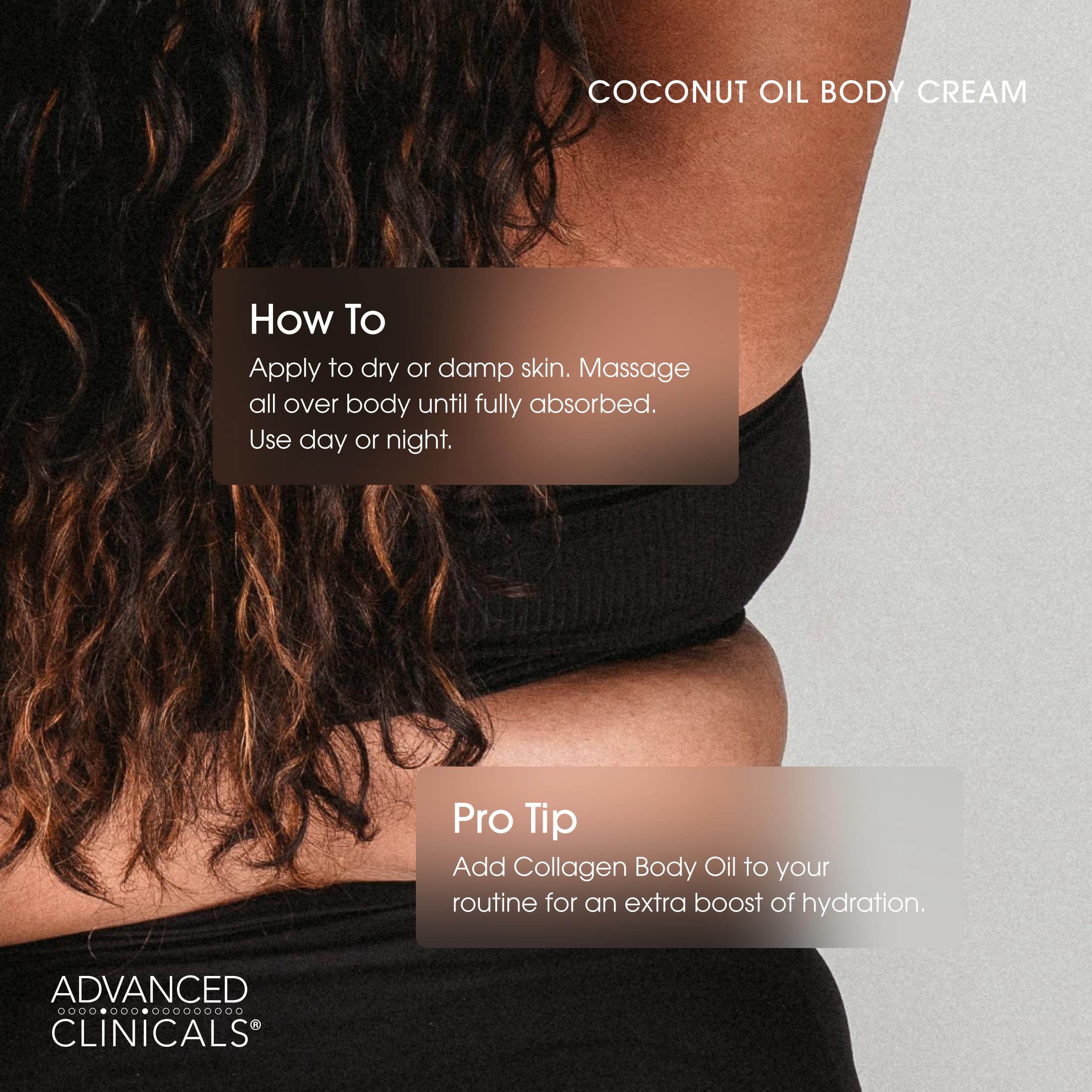 Bottle of Advanced Clinicals coconut oil body cream on shelf display.