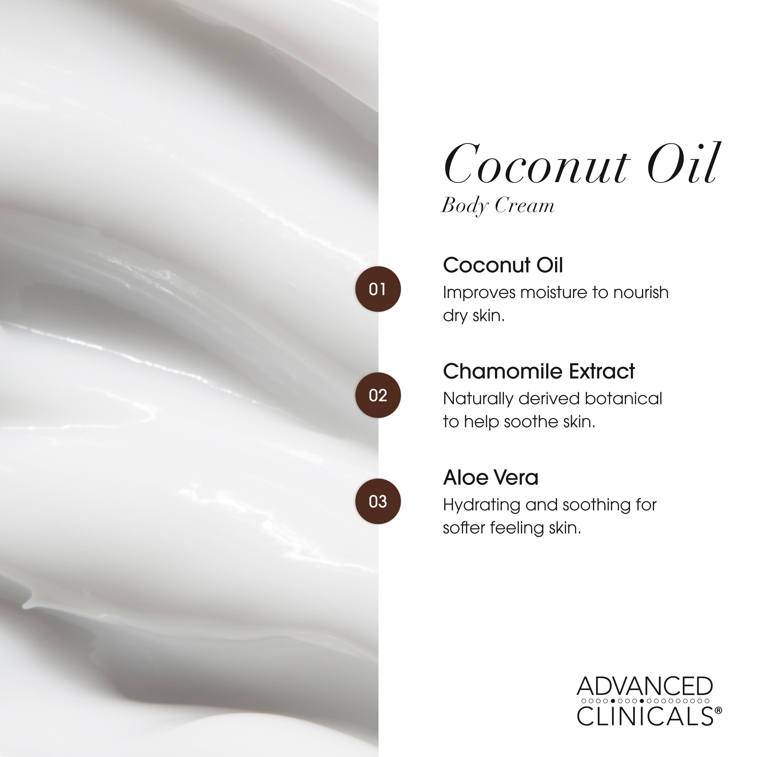 Hands applying Advanced Clinicals coconut oil body cream for smooth, hydrated skin.