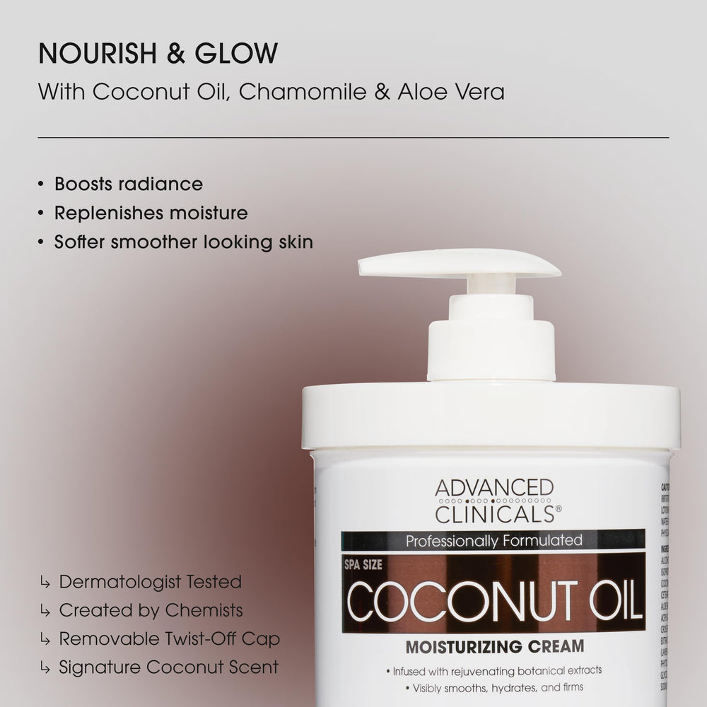 Advanced Clinicals Coconut Oil Body Cream pump bottle for easy, mess-free application.