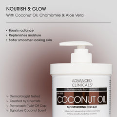 Texture closeup of Advanced Clinicals coconut oil body cream with creamy finish.
