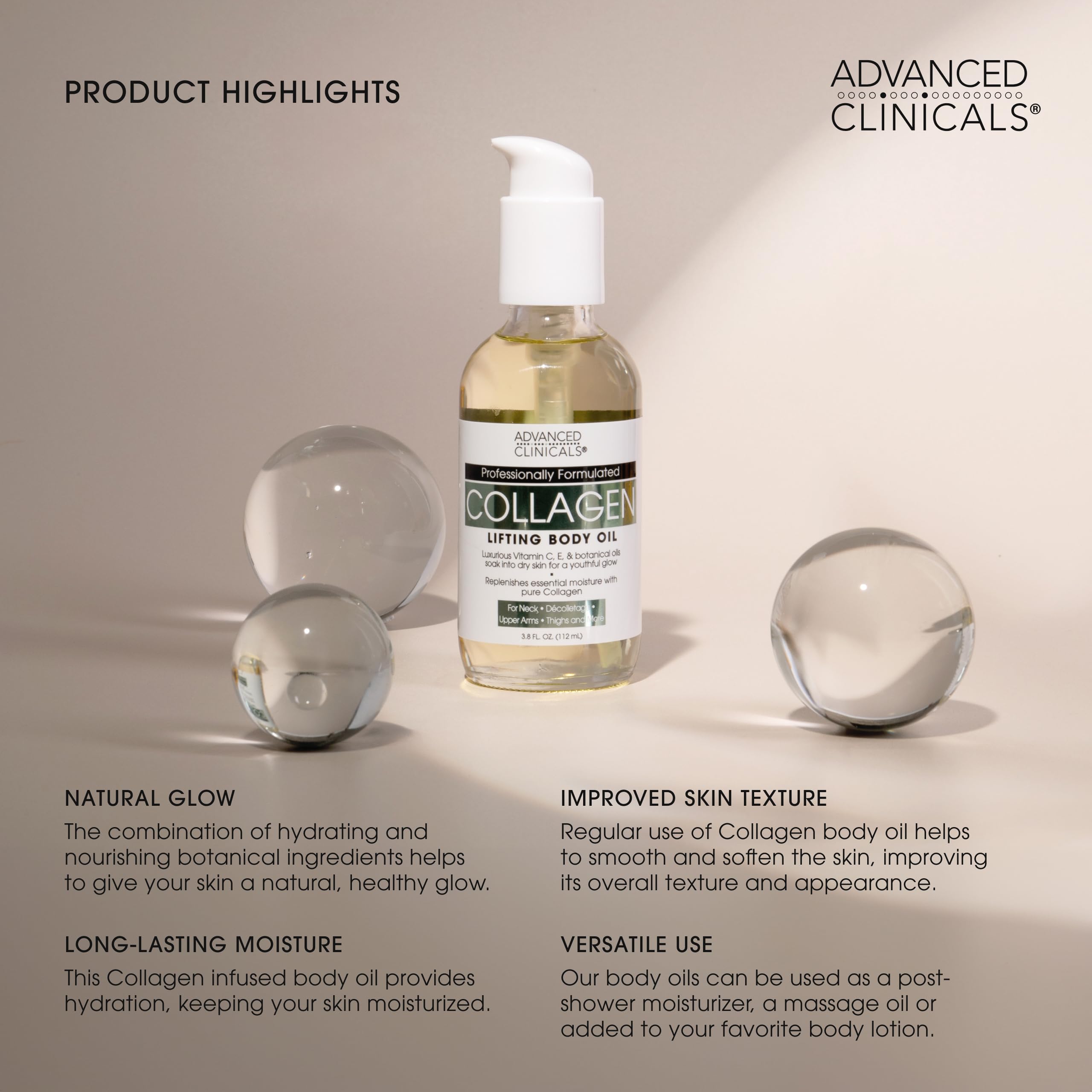 Advanced Clinicals collagen body oil application reveals lightweight glide and glow.