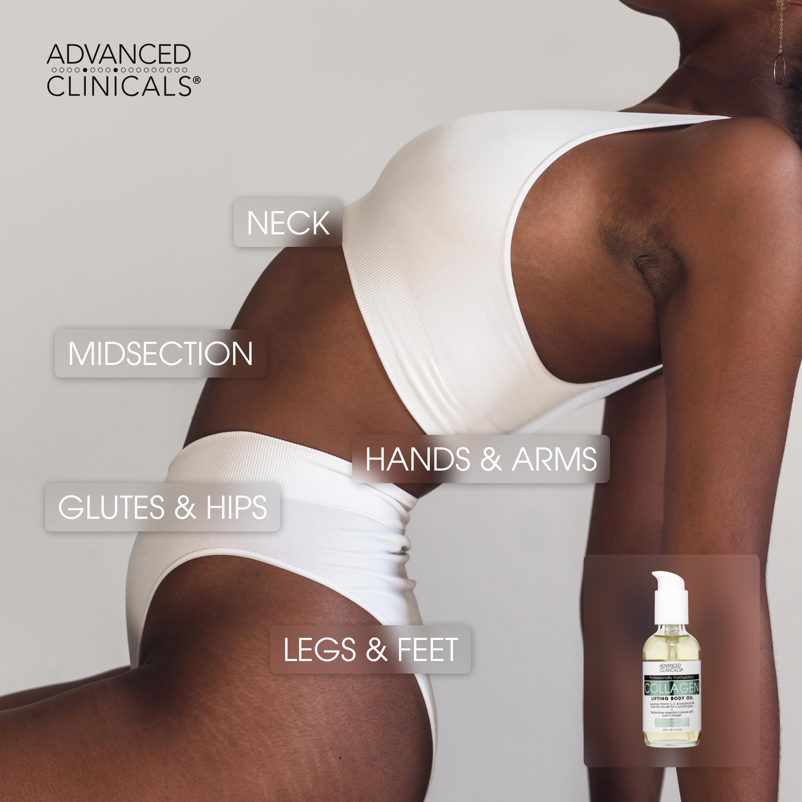 Advanced Clinicals collagen body oil bottle nourishes and smooths texture on skin.