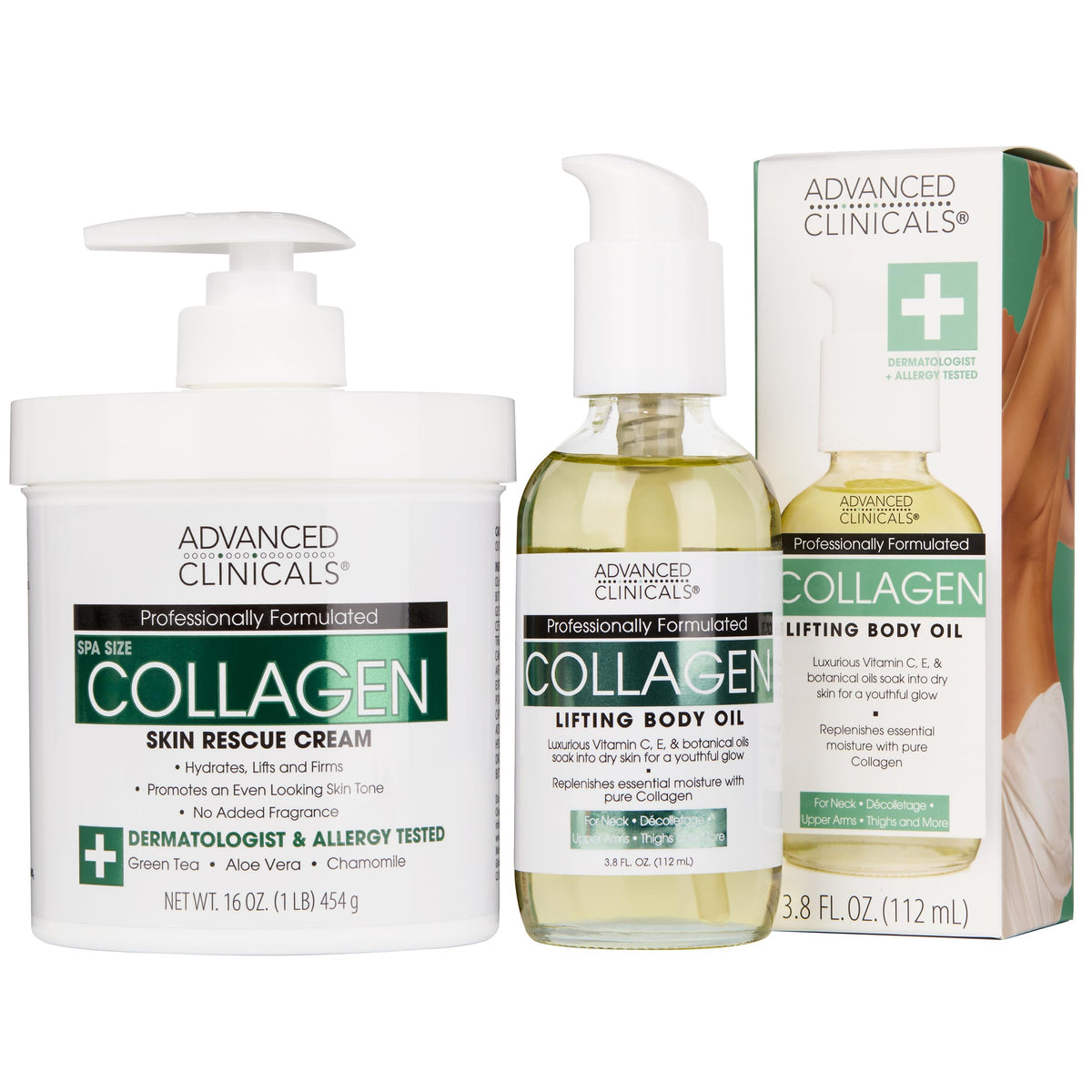 Advanced Clinicals collagen body oil being poured for lightweight hydration and smoother skin.