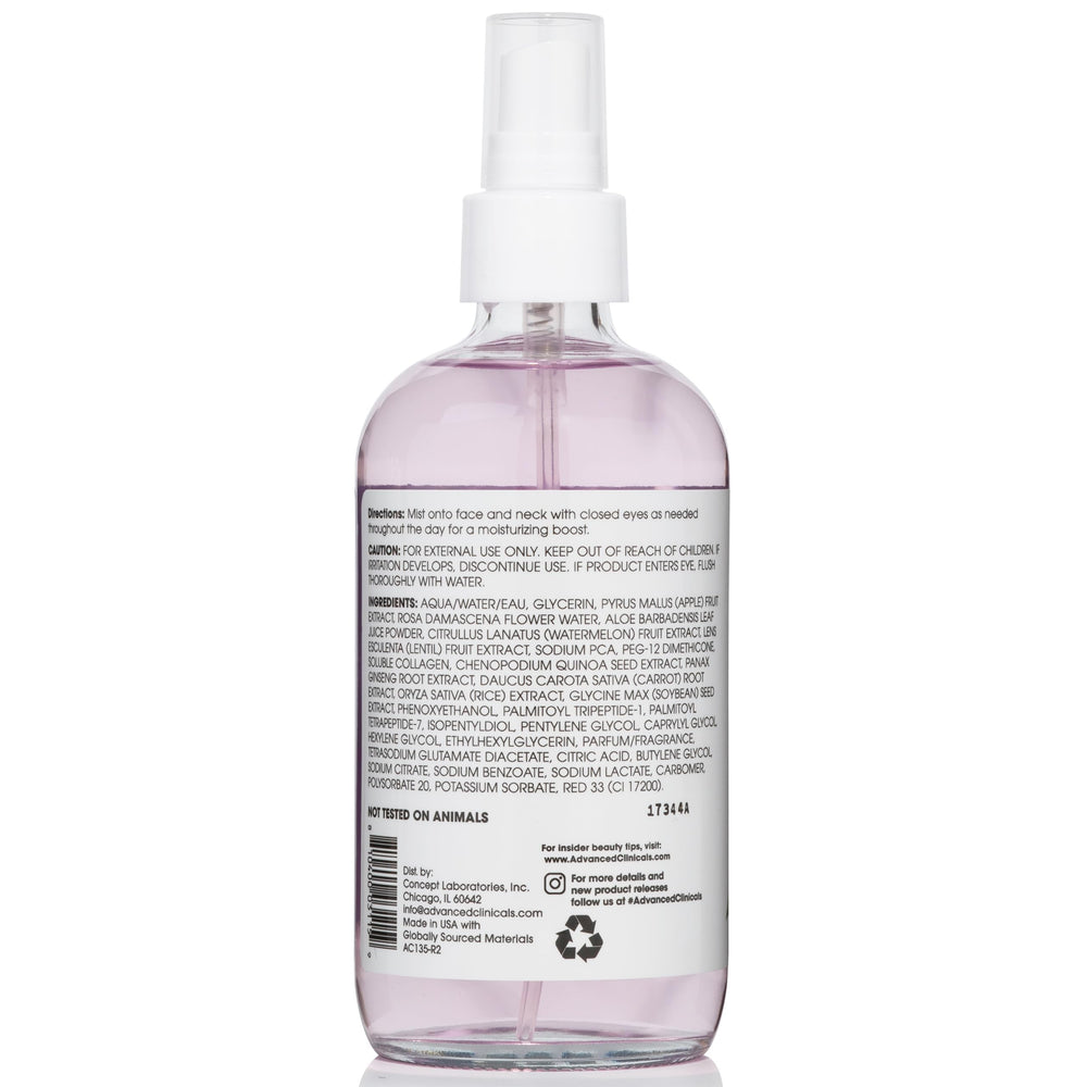 Advanced Clinicals Collagen Rosewater Face Mist after-use glow hints at refreshed complexion.