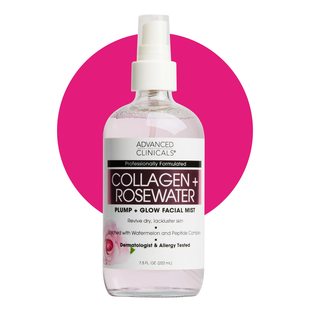 Advanced Clinicals Collagen Rosewater Face Mist bottle delivering instant hydration.