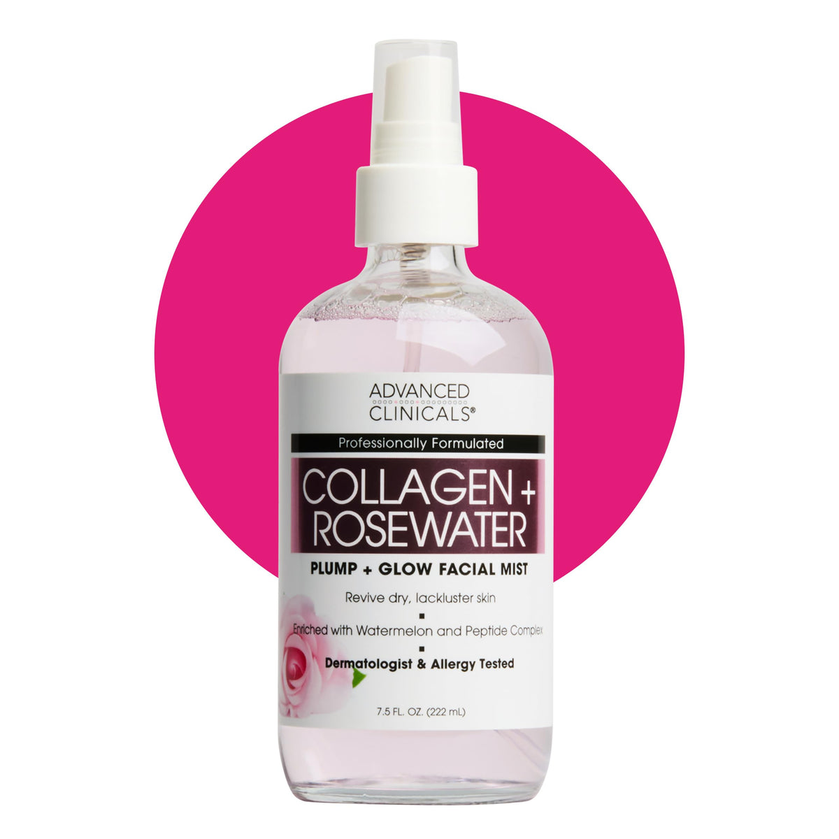 Advanced Clinicals Collagen Rosewater Face Mist bottle delivering instant hydration.