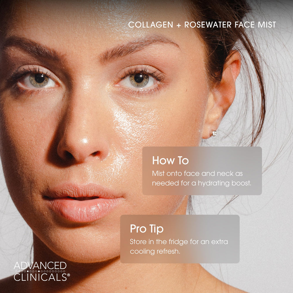 Advanced Clinicals Collagen Rosewater Face Mist closeup reveals milky mist texture.