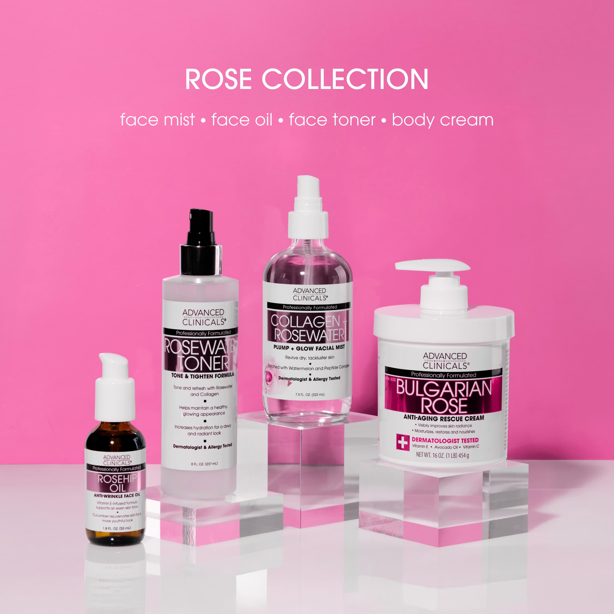 Advanced Clinicals Collagen Rosewater Face Mist rose petals convey luxe hydration.