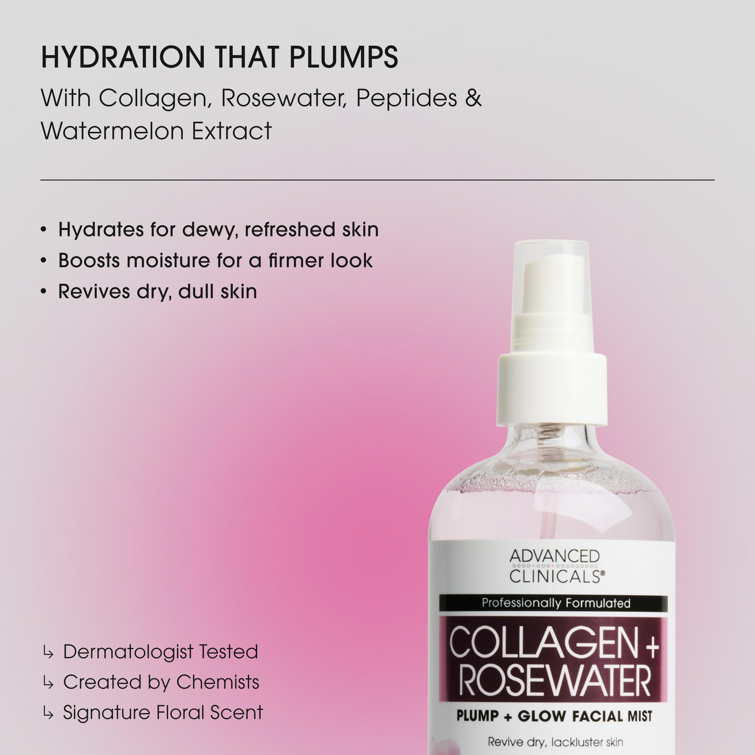 Advanced Clinicals Collagen Rosewater Face Mist spray action cools and refreshes skin.