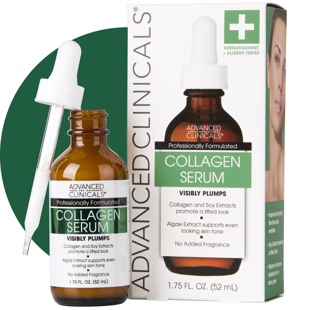 Advanced Clinicals collagen serum bottle showcasing hydrated, firmer-looking skin ready for daily routines.
