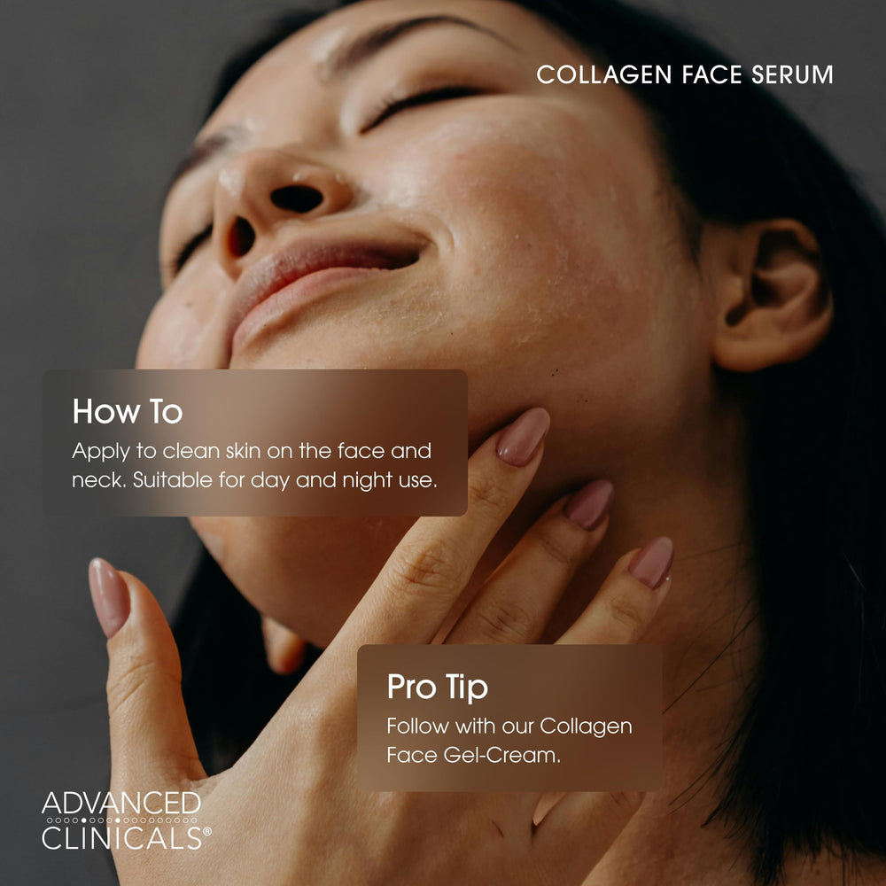Advanced Clinicals Collagen Serum ingredients panel featuring algae and hyaluronic acid