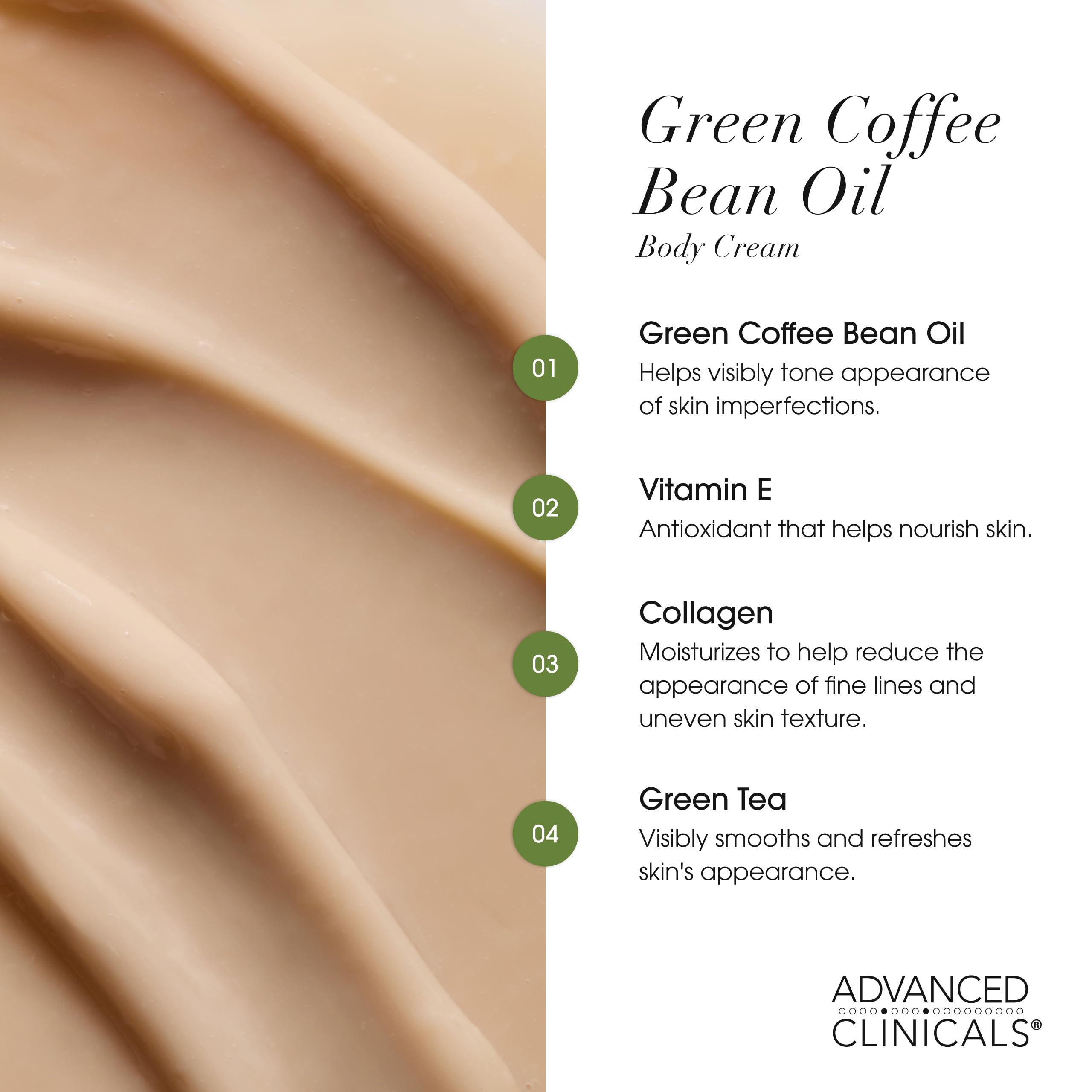 Advanced Clinicals crema cafe-verde cuidado áreas cuerpo, hidrata muslos y abdomen