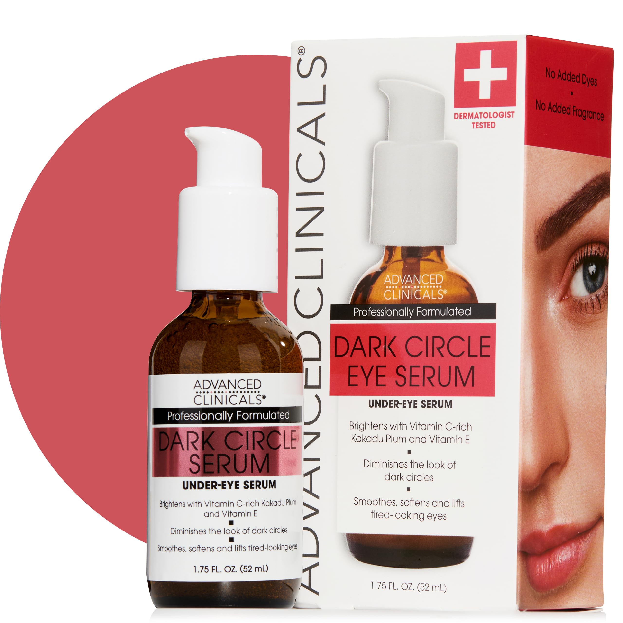 Advanced Clinicals dark circle caffeine under eye serum bottle close-up shows hydrating formula