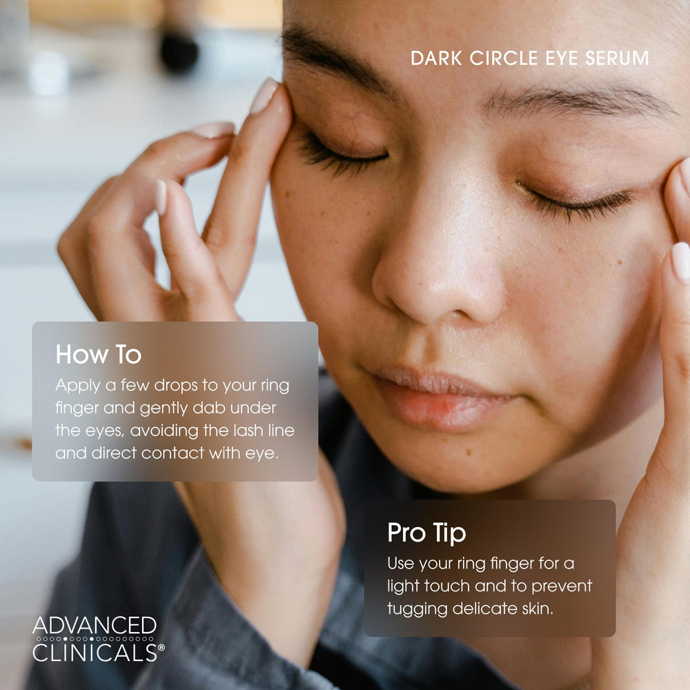 Advanced Clinicals dark circle caffeine under-eye serum packaging glass bottle on display highlights premium packaging