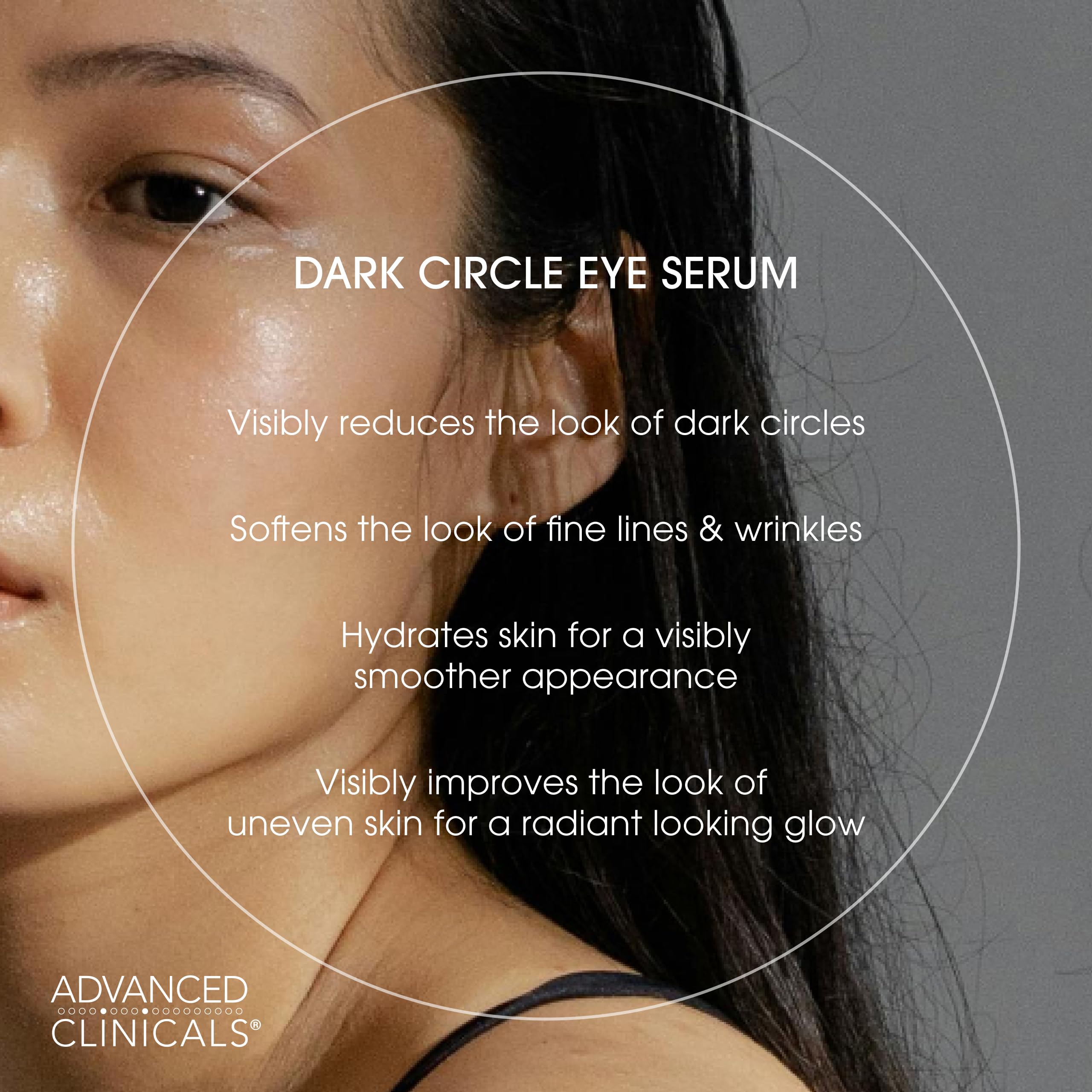 Advanced Clinicals under-eye serum application highlights lightweight gel texture for smooth skin