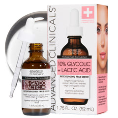 Advanced Clinicals exfoliating serum bottle showing 10% glycolic action for smoother skin