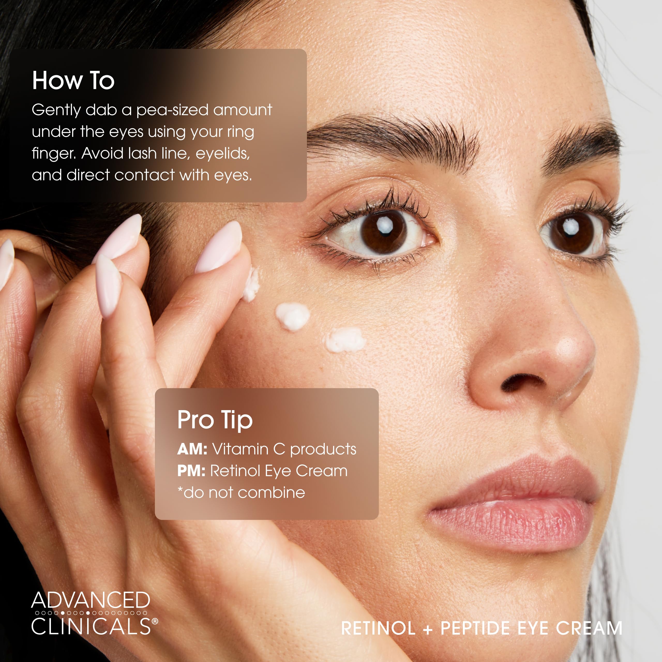 Advanced Clinicals creamy texture swatch emphasizes rich hydration around the eyes
