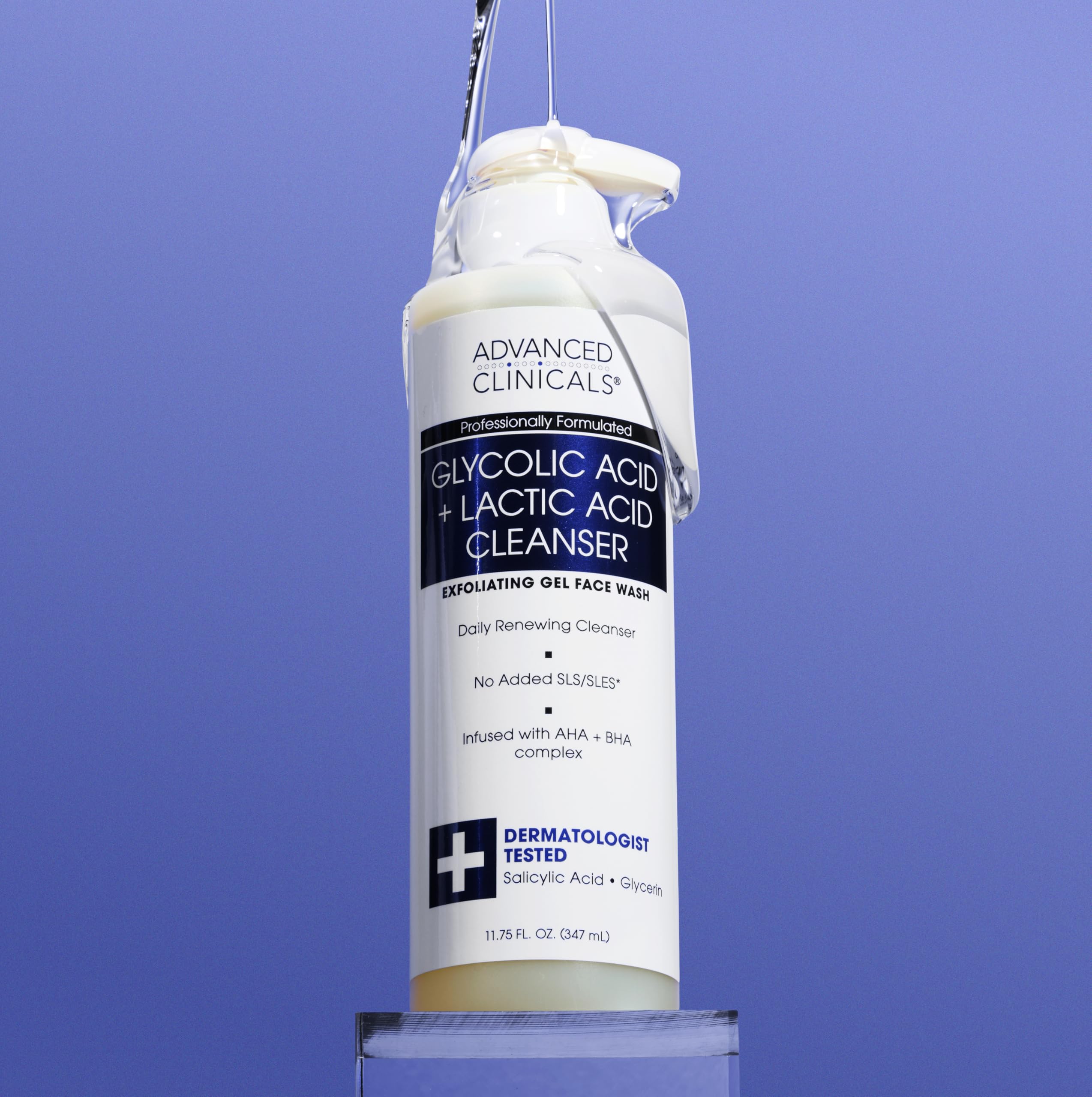 Advanced Clinicals glycolic face wash 11.75 oz bottle emphasizes daily exfoliation and clearer pores.