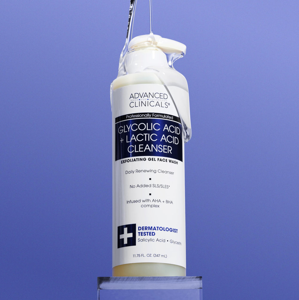 Advanced Clinicals glycolic face wash 11.75 oz bottle emphasizes daily exfoliation and clearer pores.