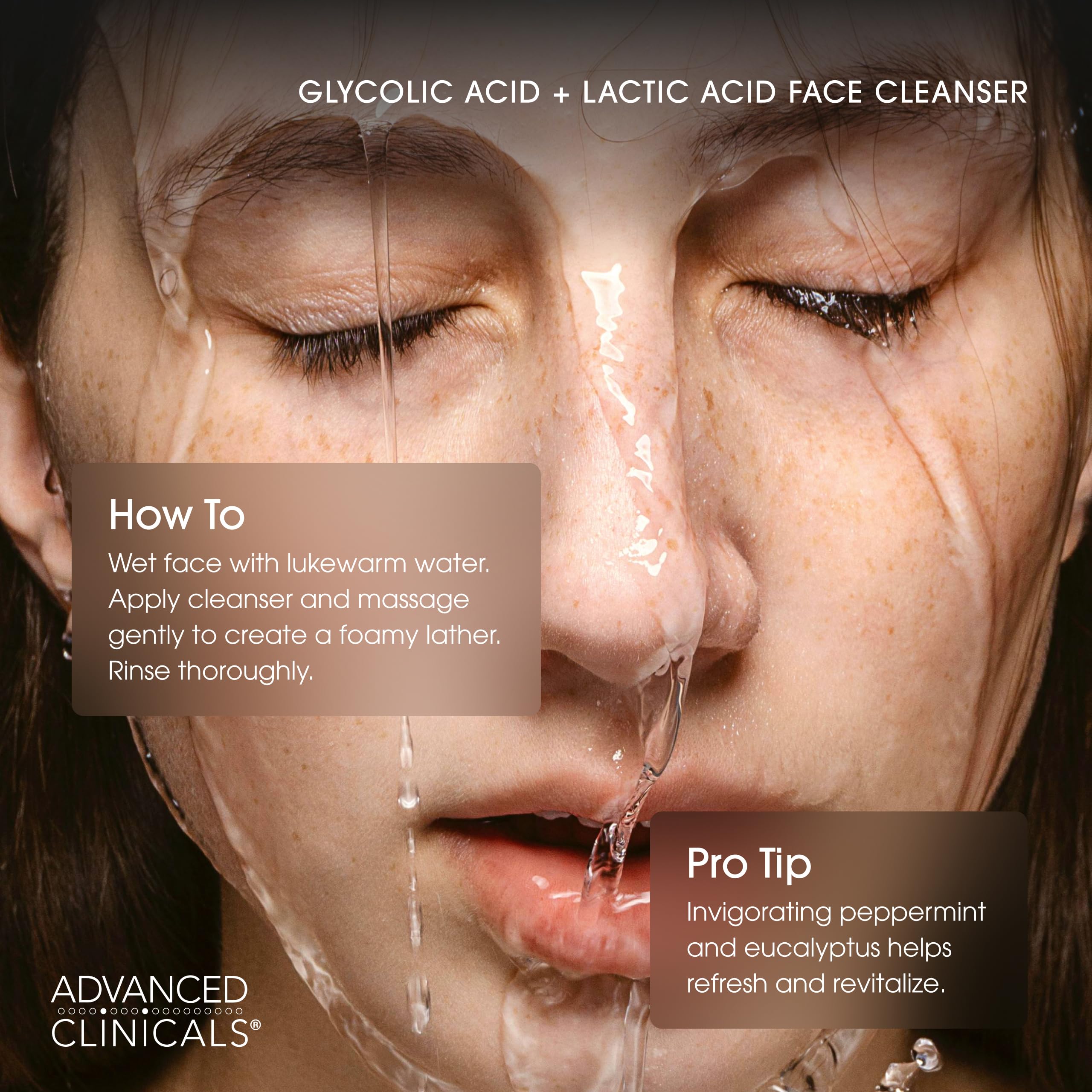 Advanced Clinicals glycolic face wash dullness to brightness concept hints at improved texture.