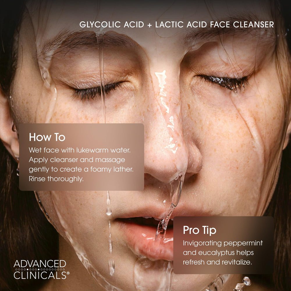 Advanced Clinicals glycolic face wash dullness to brightness concept hints at improved texture.
