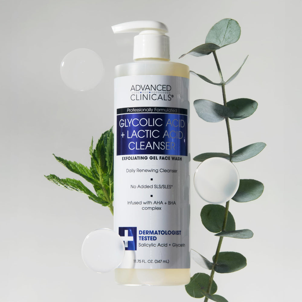 Advanced Clinicals glycolic face wash eucalyptus oil close-up conveys cooling aroma during cleansing.