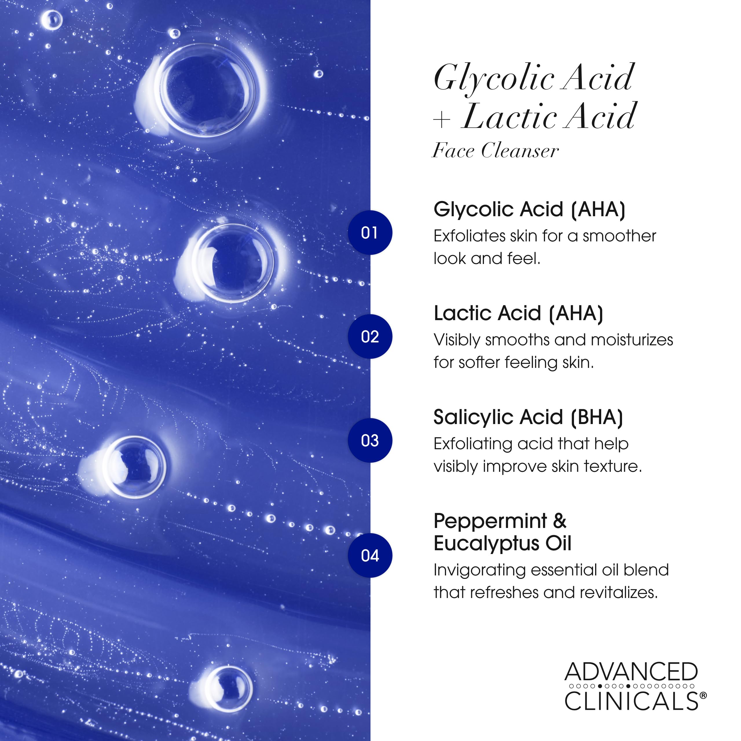 Advanced Clinicals glycolic face wash texture close-up illustrating gel-to-lather exfoliation action.
