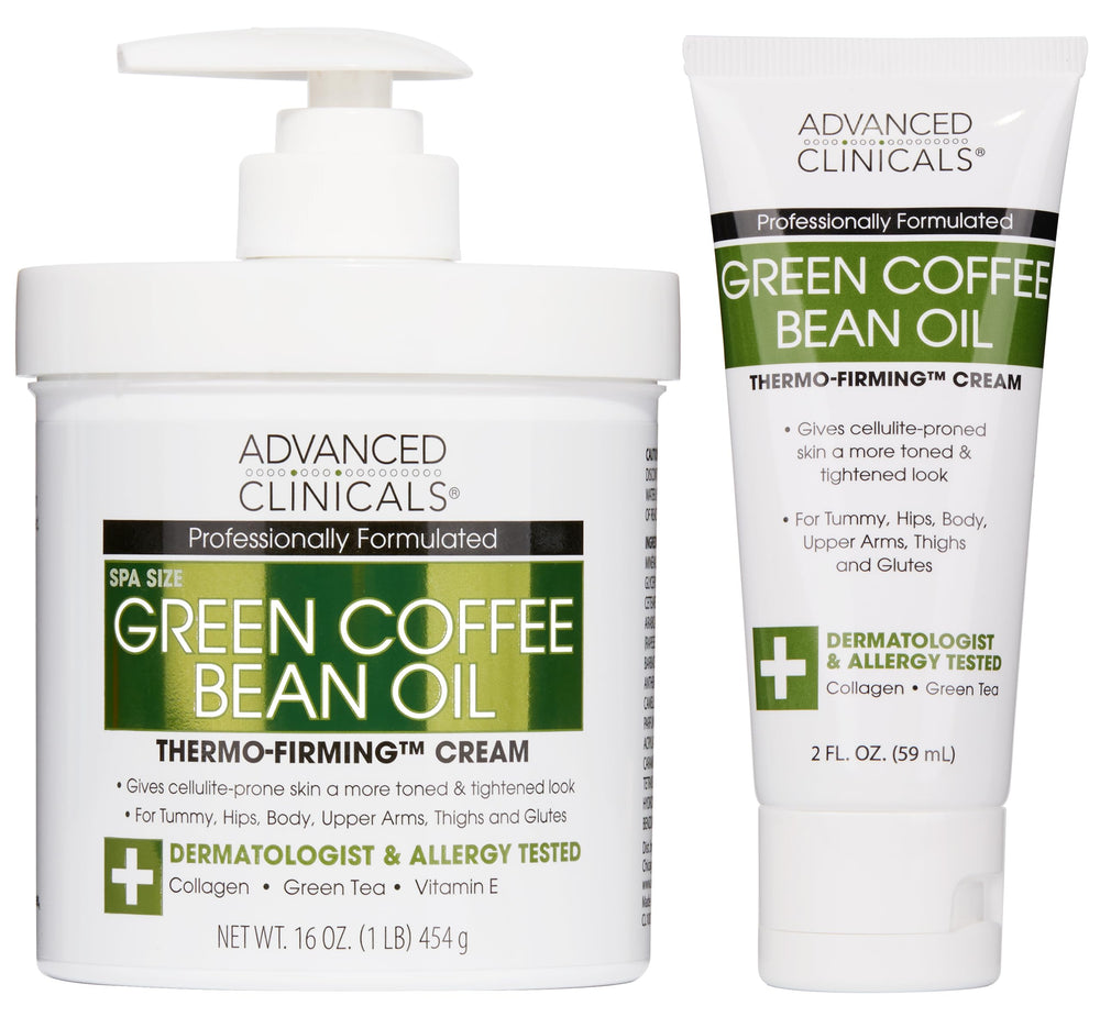 Advanced Clinicals Green Coffee Bean Oil Thermo bottle highlights firming action for smoother-looking skin.