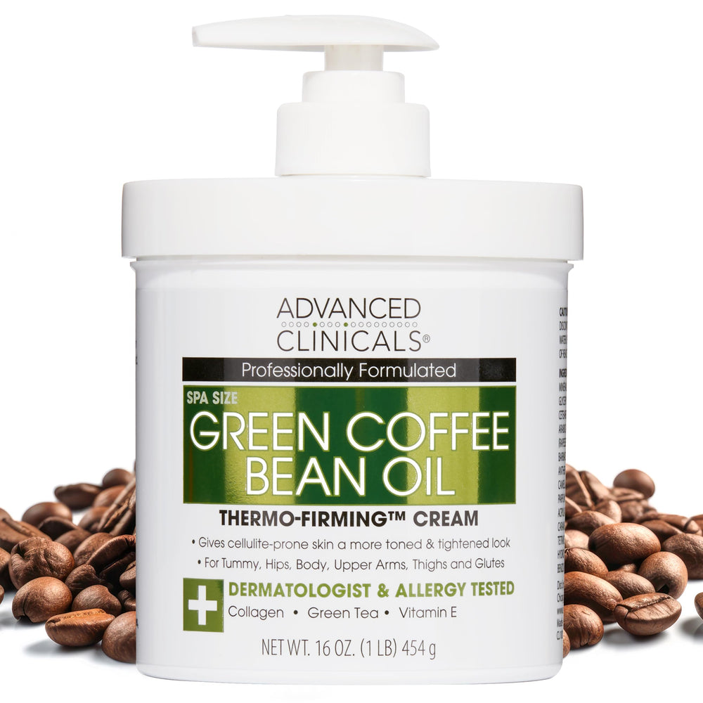 Advanced Clinicals Green Coffee Bean Thermo bottle pump demonstrates hydrating, firming body care in a single dispense.