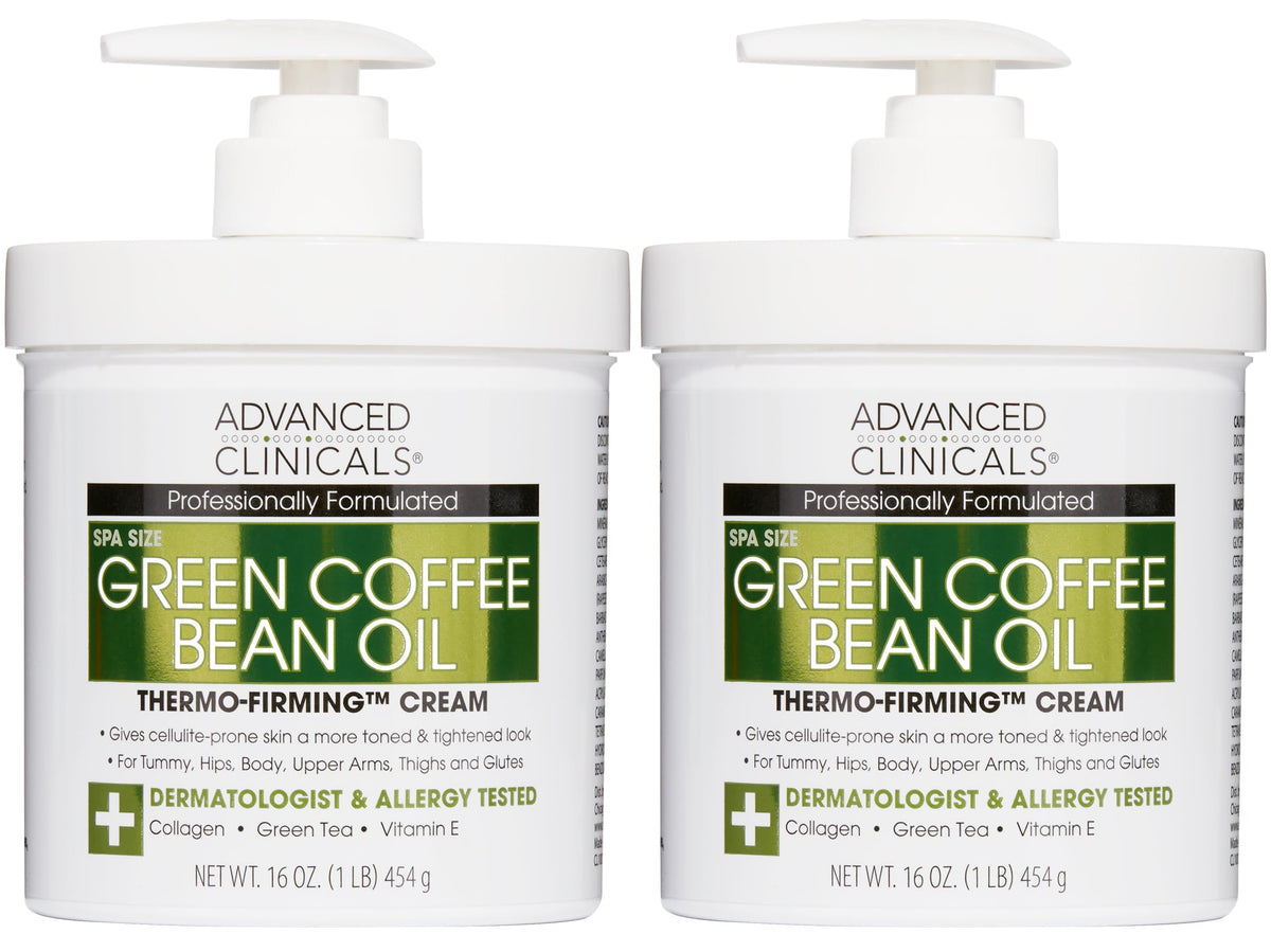 Advanced Clinicals Green Coffee Bean Thermo firming bottle highlighted for hydration and lifted appearance