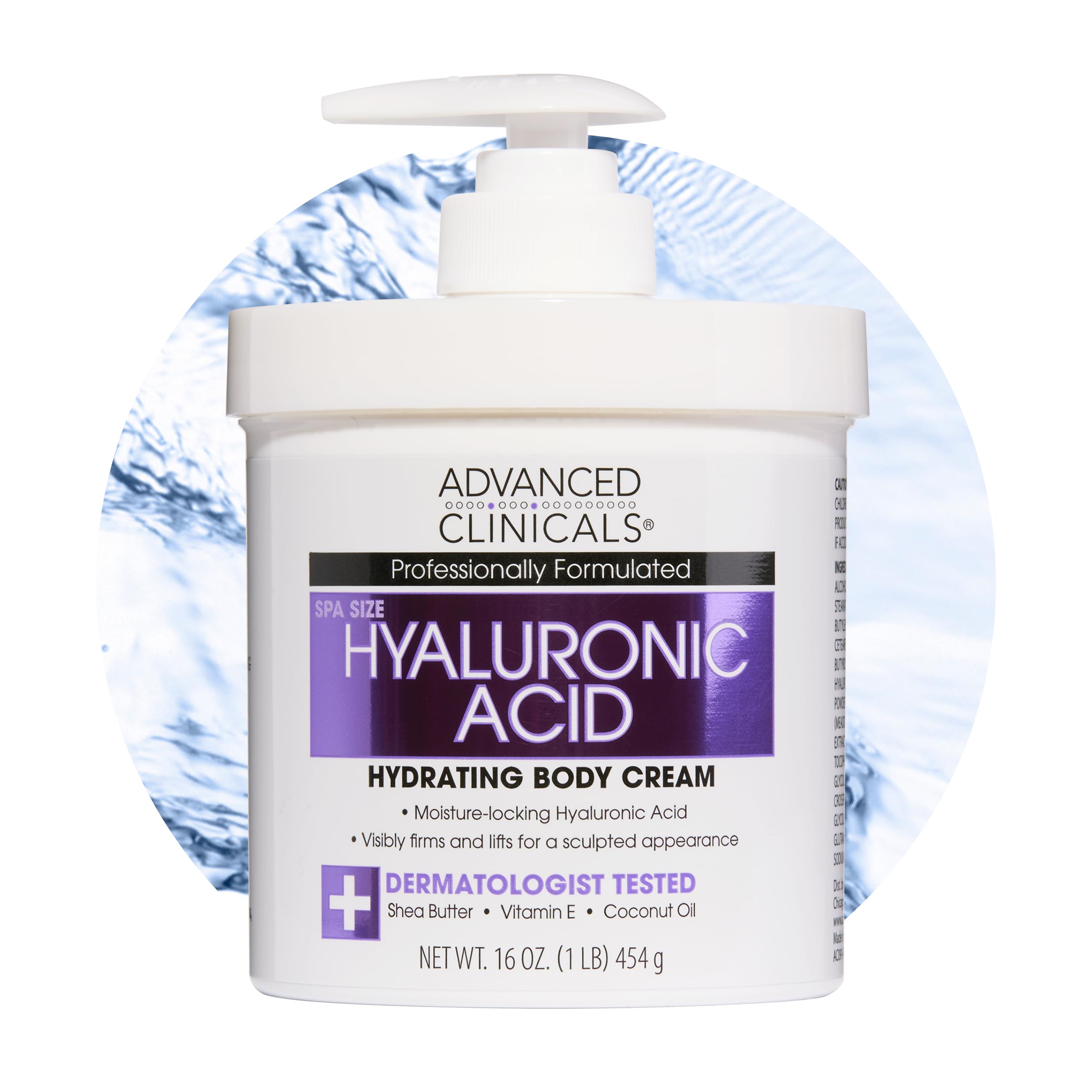 Advanced Clinicals Hyaluronic Acid Body Cream 16oz jar offers rich moisture for silky-smooth skin.