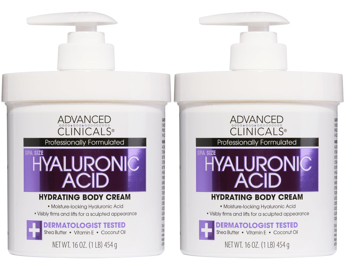 Advanced Clinicals Hyaluronic Acid Body Cream bottle showing hydrating formula.