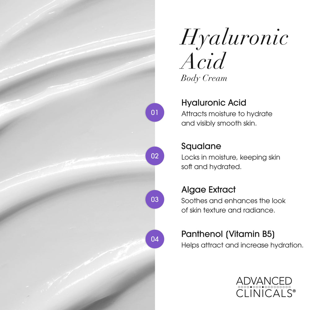 Advanced Clinicals Hyaluronic Acid Body Cream on skin showing soft hydrated look