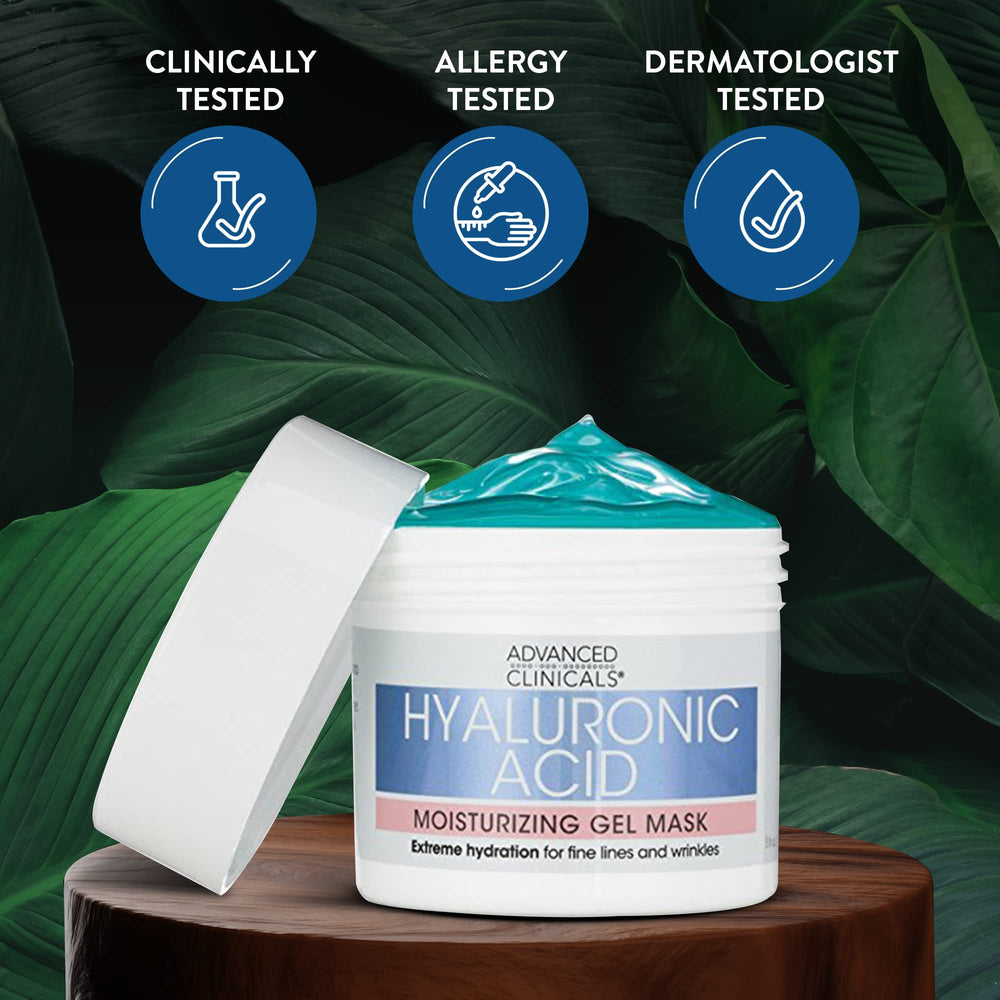 Advanced Clinicals Hyaluronic Acid Gel Facial Mask ingredients chart highlights botanicals and hyaluronic acid.