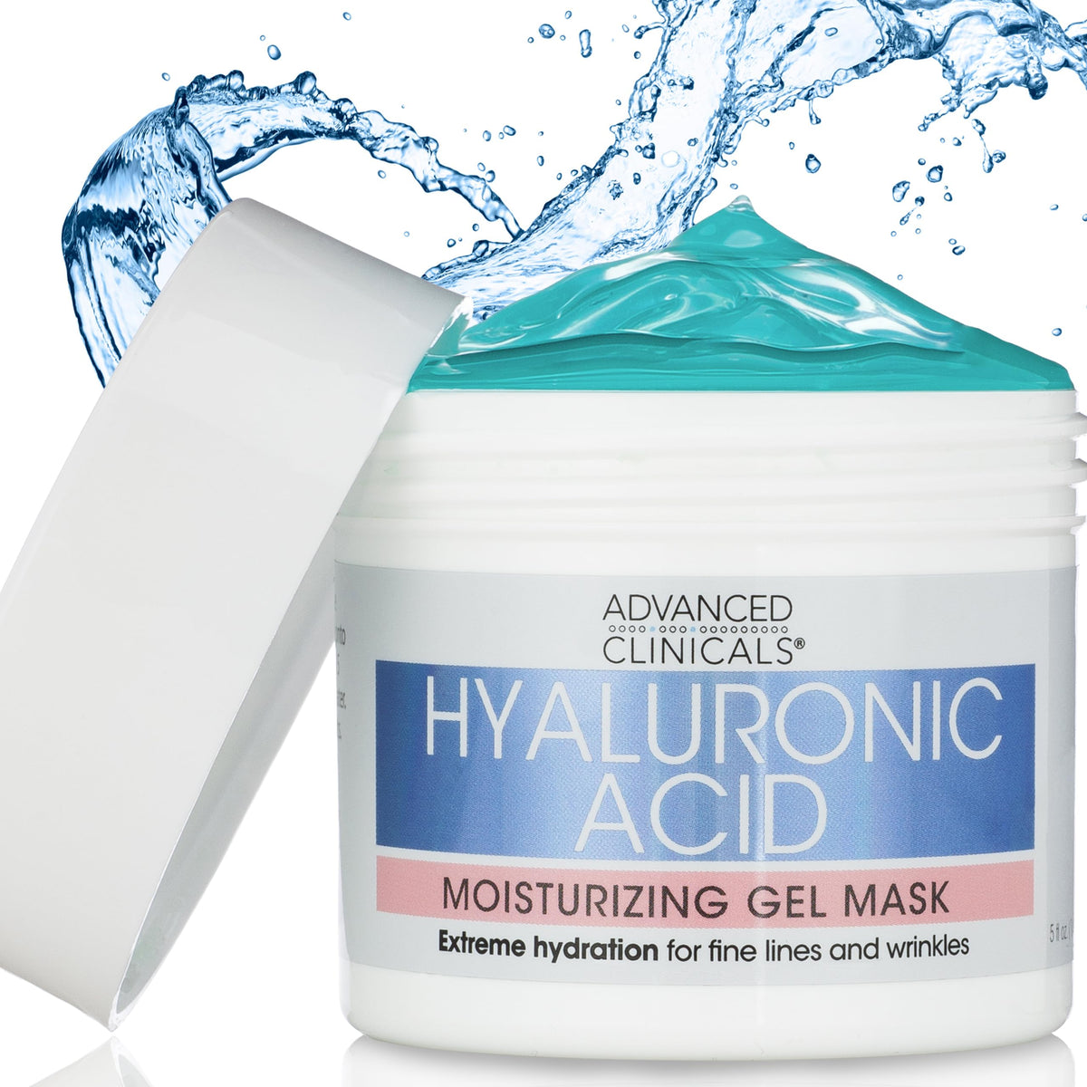 Advanced Clinicals Hyaluronic Acid Gel Facial Mask jar close-up shows hydrating, cooling care for dry skin.