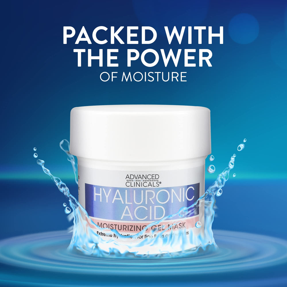 Advanced Clinicals Hyaluronic Acid Gel Facial Mask jar open reveals refreshing gel texture for hydration.
