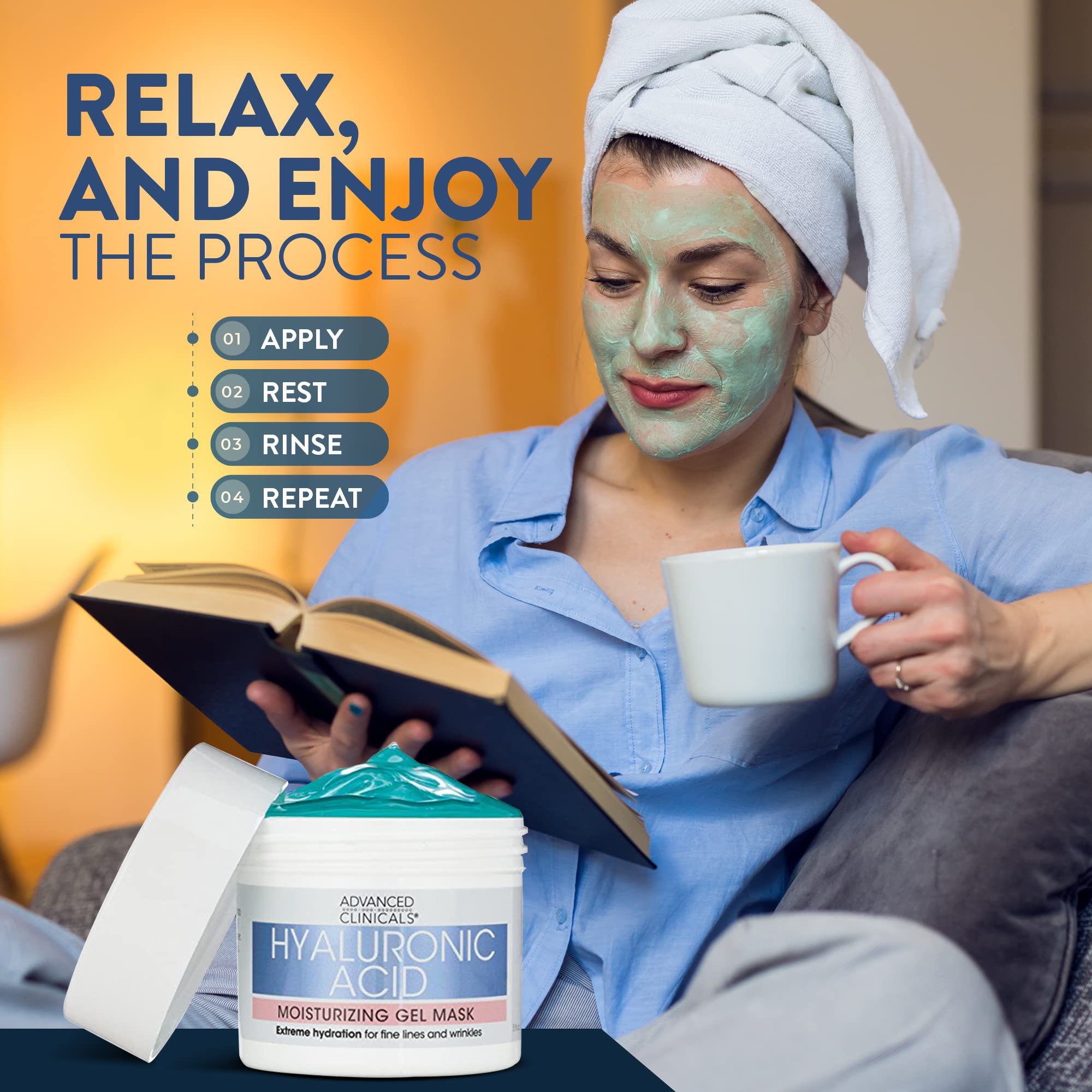 Advanced Clinicals Hyaluronic Acid Gel Facial Mask on face demonstrates smoothing hydration in use.