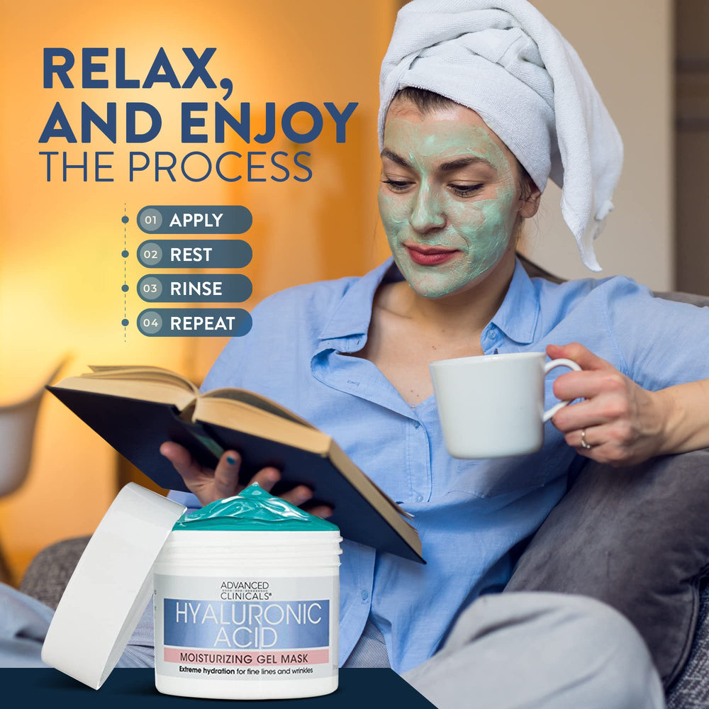 Advanced Clinicals Hyaluronic Acid Gel Facial Mask on face demonstrates smoothing hydration in use.
