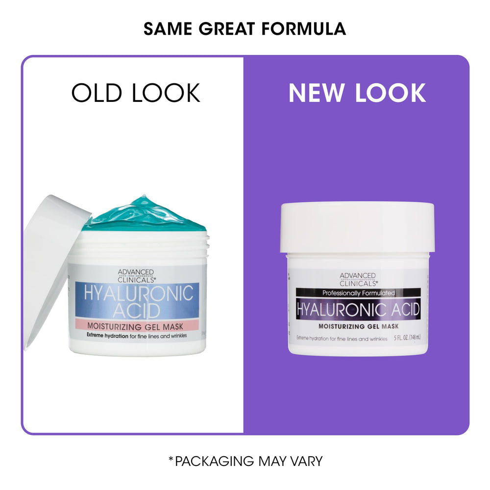 Advanced Clinicals Hyaluronic Acid Gel Facial Mask packaging demonstrates clean, dermatologist-tested formula for sensitive skin.