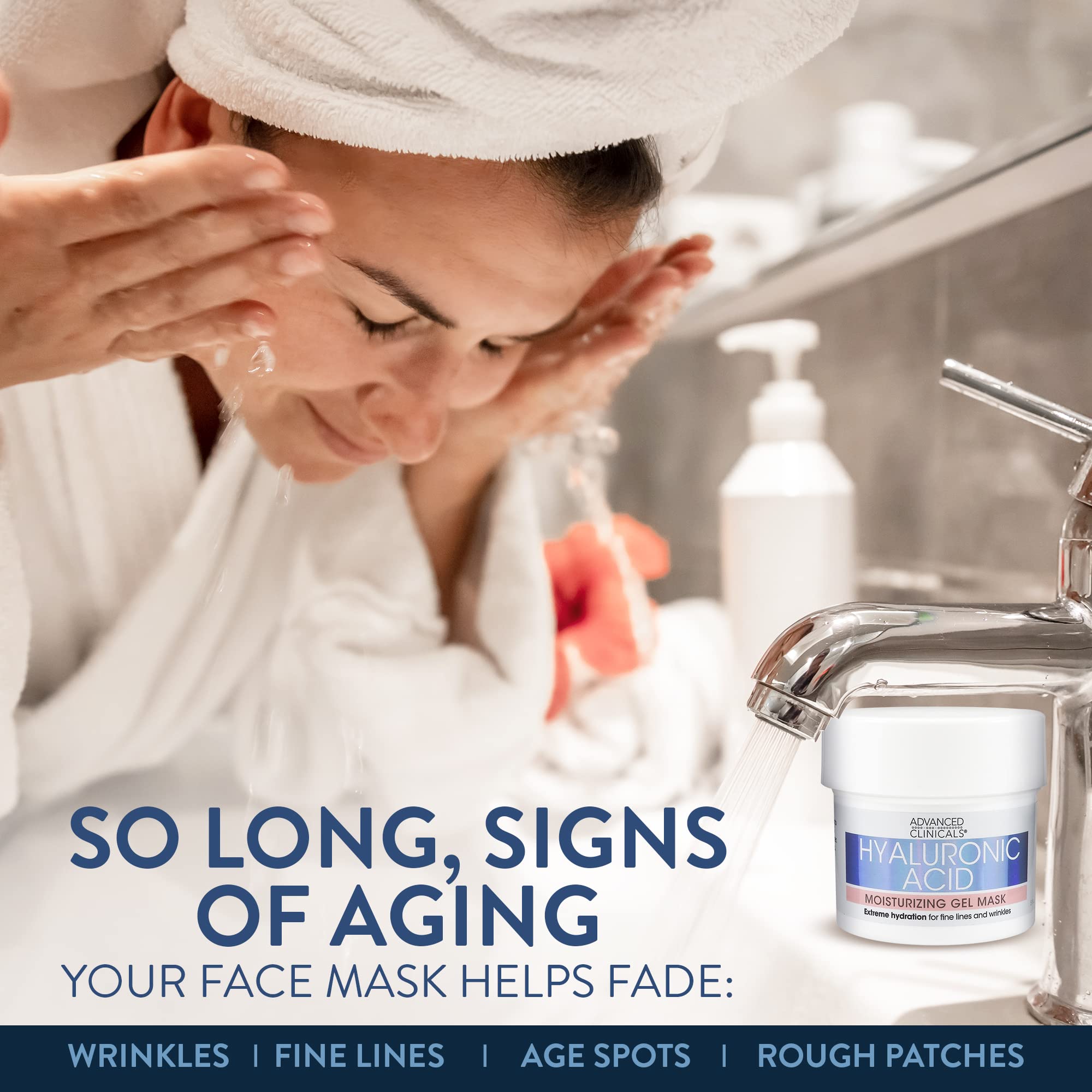Advanced Clinicals Hyaluronic Acid Gel Facial Mask swatches illustrate dewy finish and brightening potential.