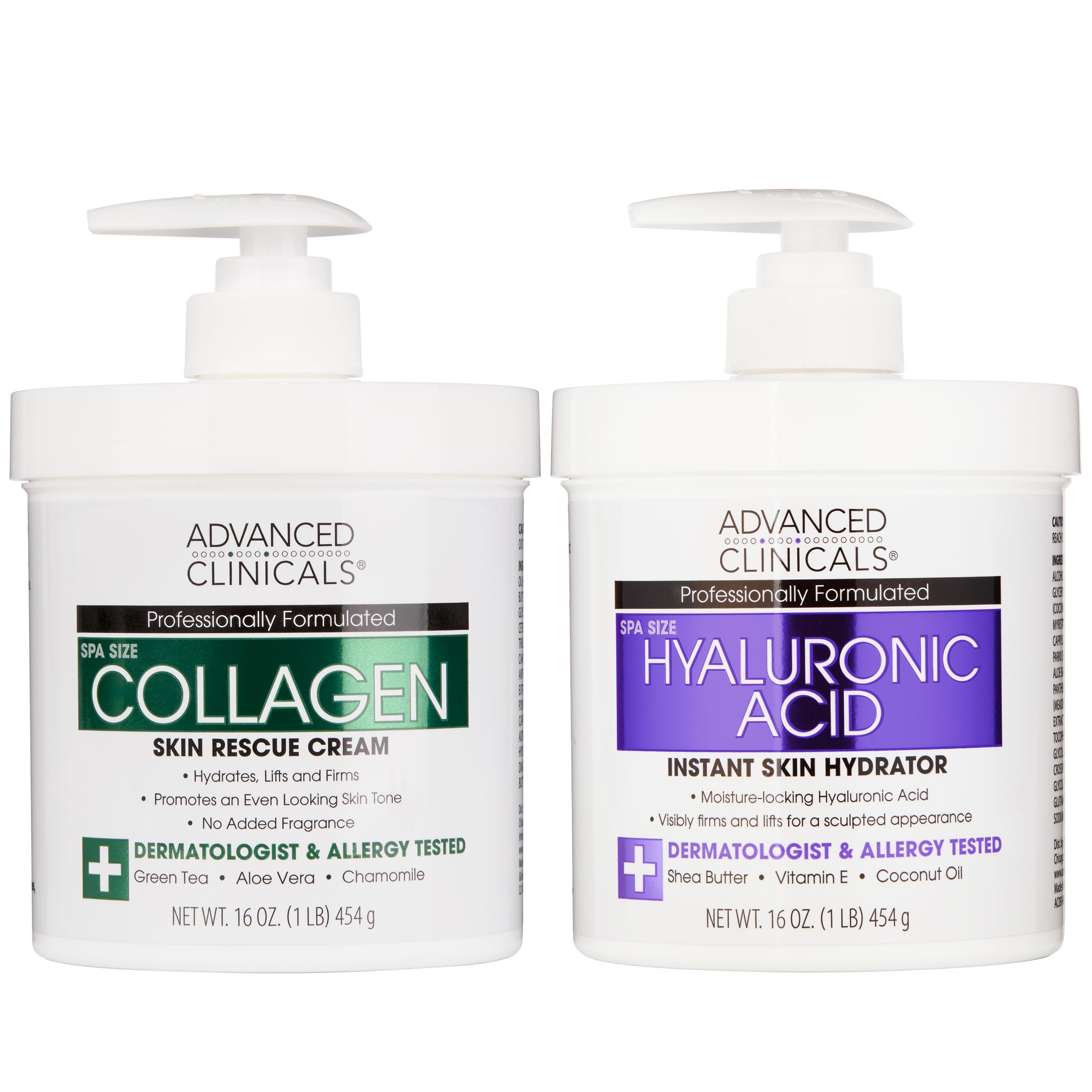 Advanced Clinicals hyaluronic acid moisturizer 2pc bundle top view highlights hydrating, non-greasy texture.