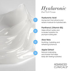 Advanced Clinicals hyaluronic acid moisturizer gel ingredients panel lists vitamin E and B5.