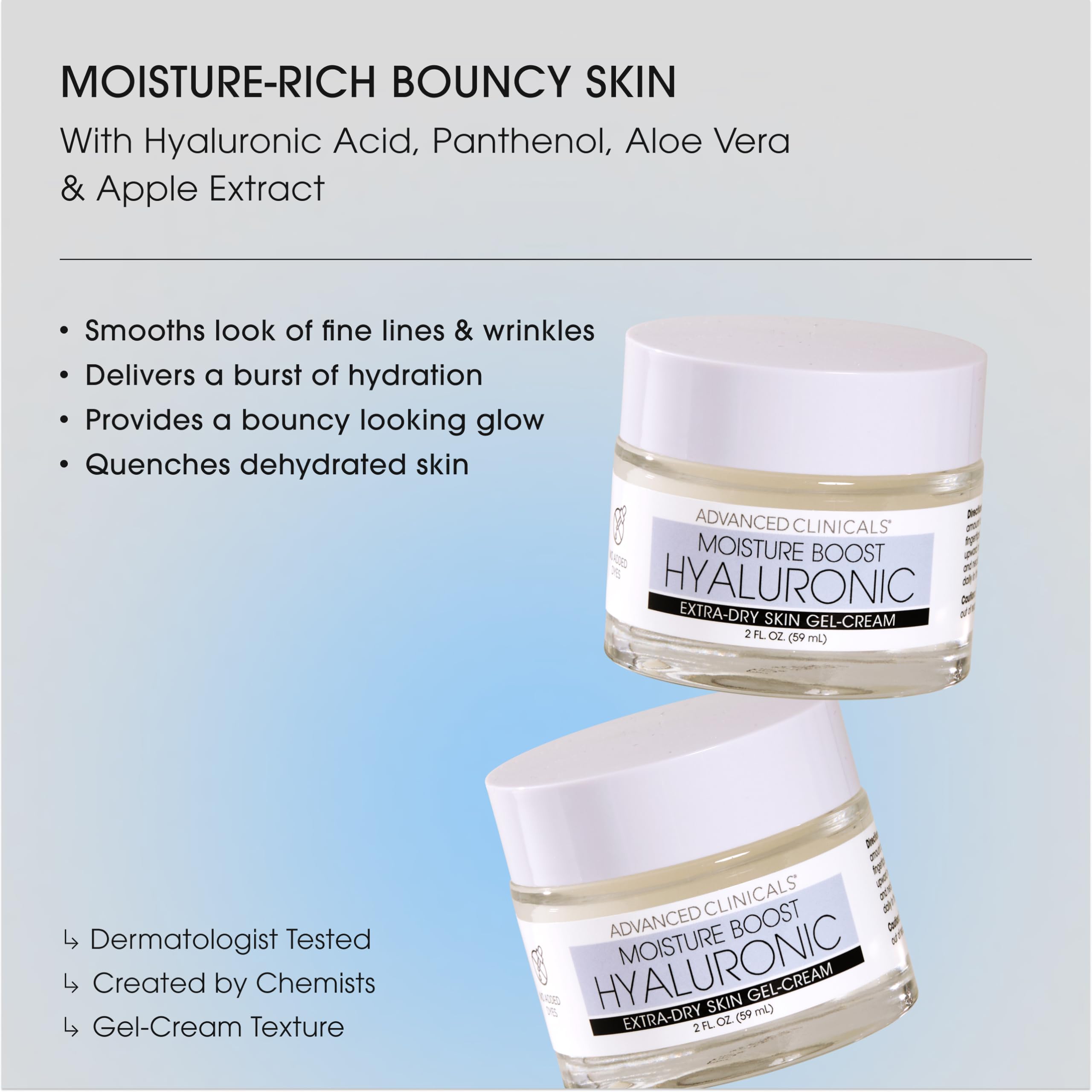 Advanced Clinicals hyaluronic acid moisturizer gel texture closeup highlights cushiony, dewy finish.
