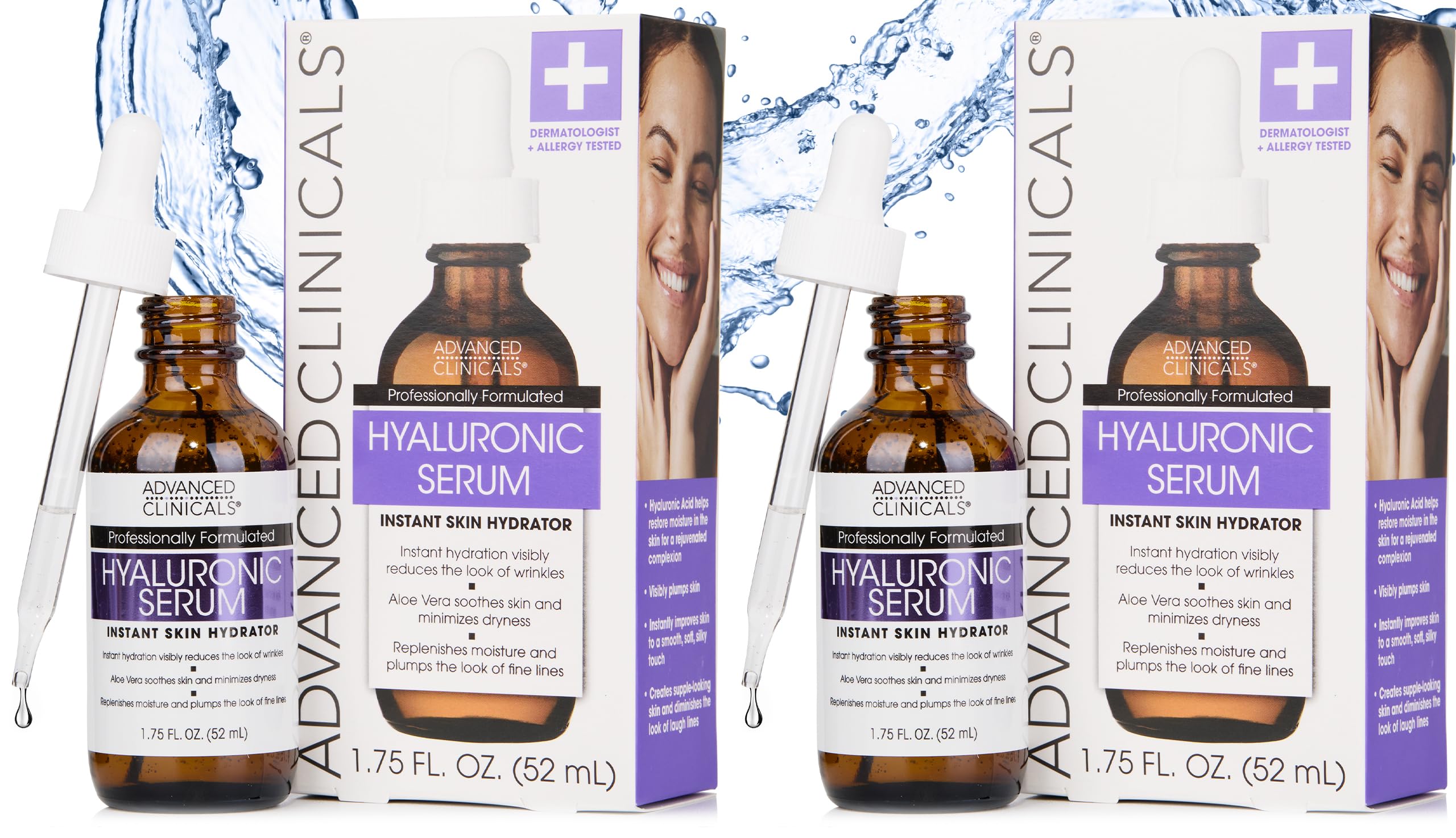 Advanced Clinicals Hyaluronic Acid Serum bottle close-up shows hydrating formula.