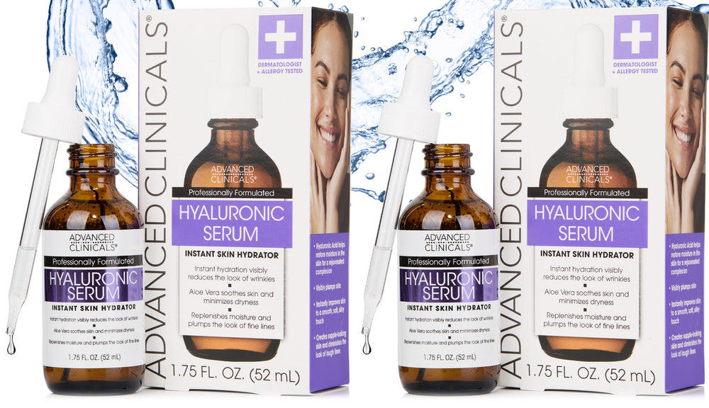 Advanced Clinicals Hyaluronic Acid Serum bottle close-up shows hydrating formula.