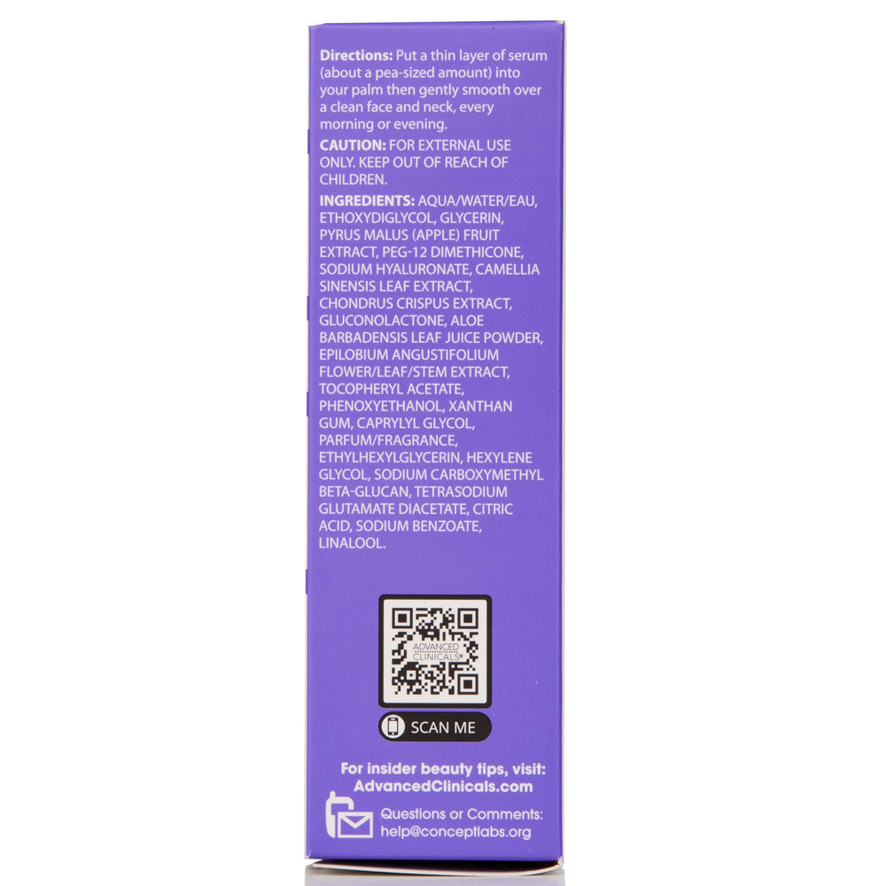 Advanced Clinicals hyaluronic-acid-serum packaging-label signals dermatologist-tested credentials.