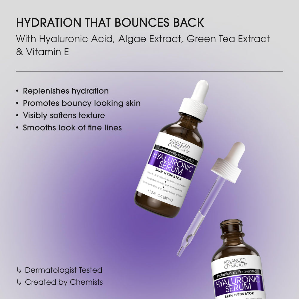 Advanced Clinicals hyaluronic acid serum texture swatch shows a light gel glide.