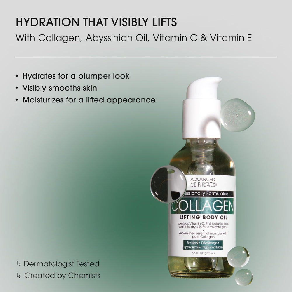 Advanced Clinicals Hydrating Collagen Oil pump demonstrates easy, mess-free application.