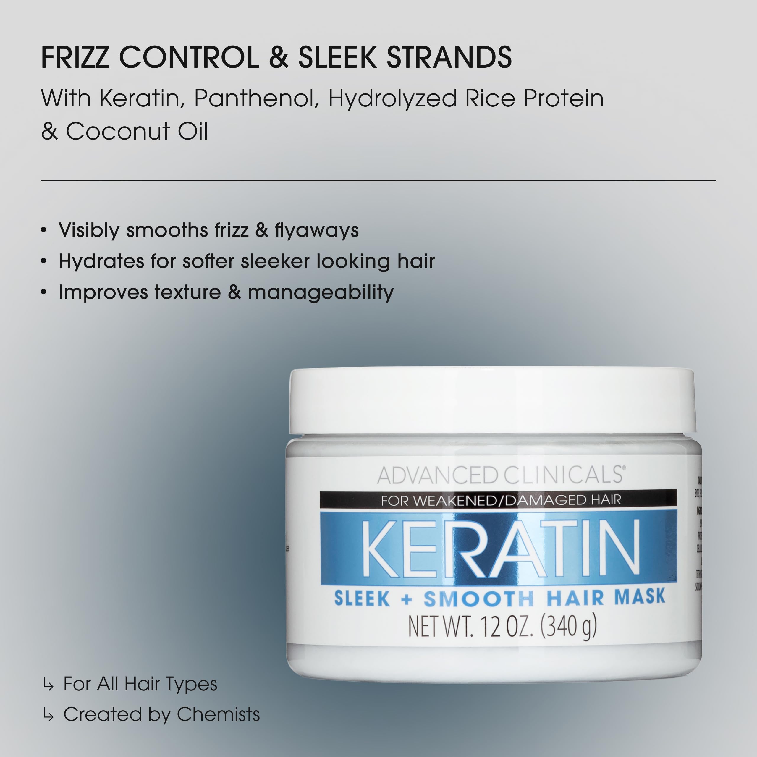 Advanced Clinicals Keratin Hair Mask ingredient closeup highlights panthenol and coconut oil for hydration