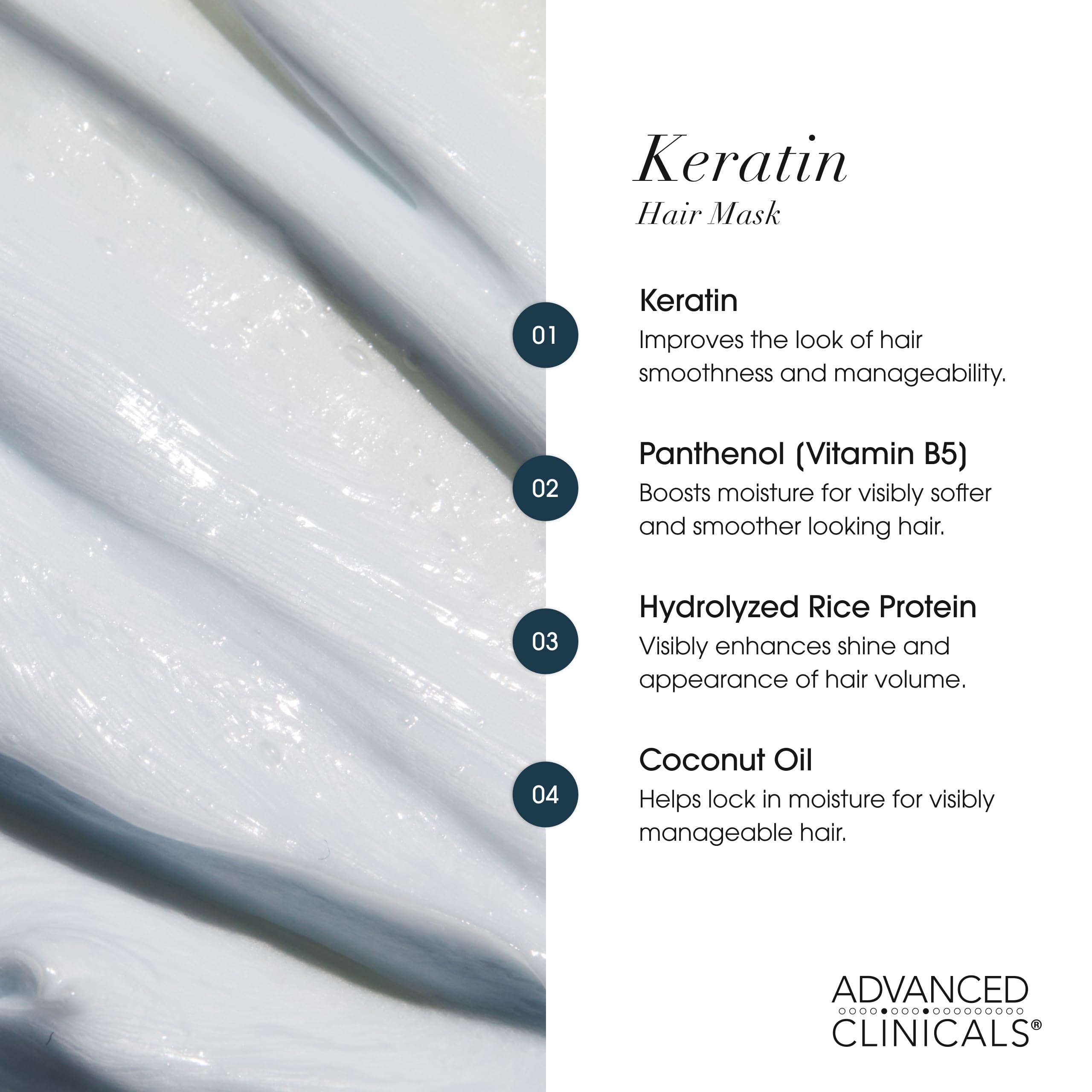 Advanced Clinicals Keratin Hair Mask smooth result on damp strands with frizz control and shine